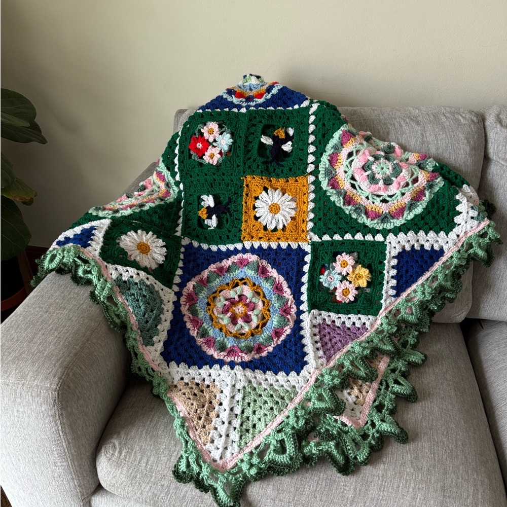 Secret garden style floral granny afghan Handmade Crochet blanket 75” x …